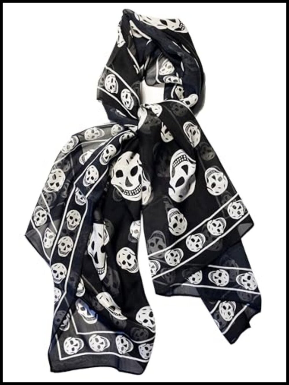 Pure Silk Chiffon Scarf 58.5" Long Skull Print Gothic Fashion Accessory